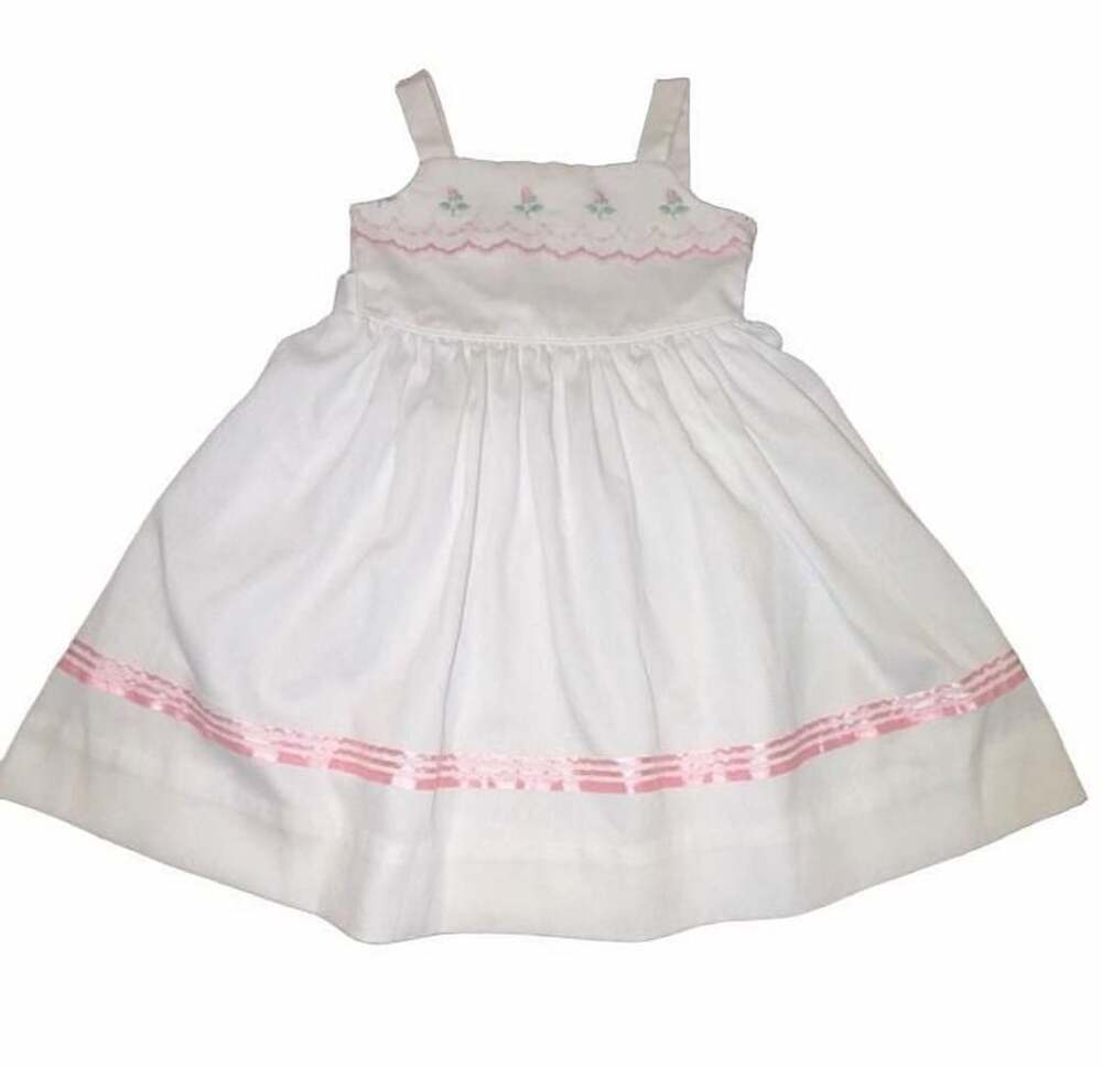 Vintage Ruth of Carolina Girls White Pink Rose Embroidered Cottagecore Dress